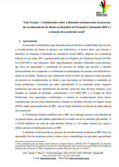 Considerações sobre a dimensão social presente no processo de reconhecimento de direito ao Benefício de Prestação Continuada (BPC) e a atuação do-a assistente social