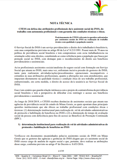 Em defesa das atribuições profissionais dao assistente social do INSS do trabalho com autonomia profissional e com garantia das condições técnicas e éticas