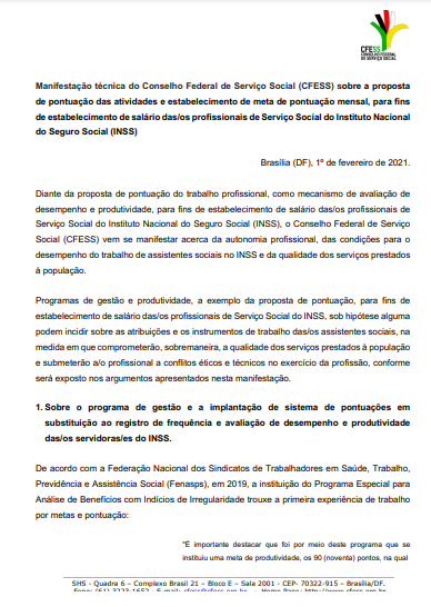 Manifestação técnica do Conselho Federal de Serviço Social CFESS sobre a proposta de pontuação das atividades e estabelecimento de meta de pontuação mensal no INSS