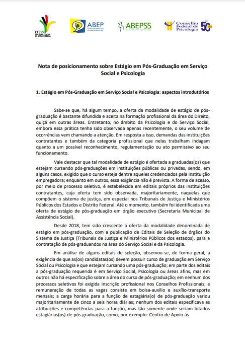 Nota de posicionamento sobre Estágio em Pós-Graduação em Serviço Social e Psicologia