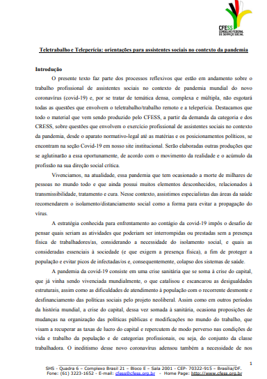 Teletrabalho e Teleperícia - orientações para assistentes sociais no contexto da pandemia