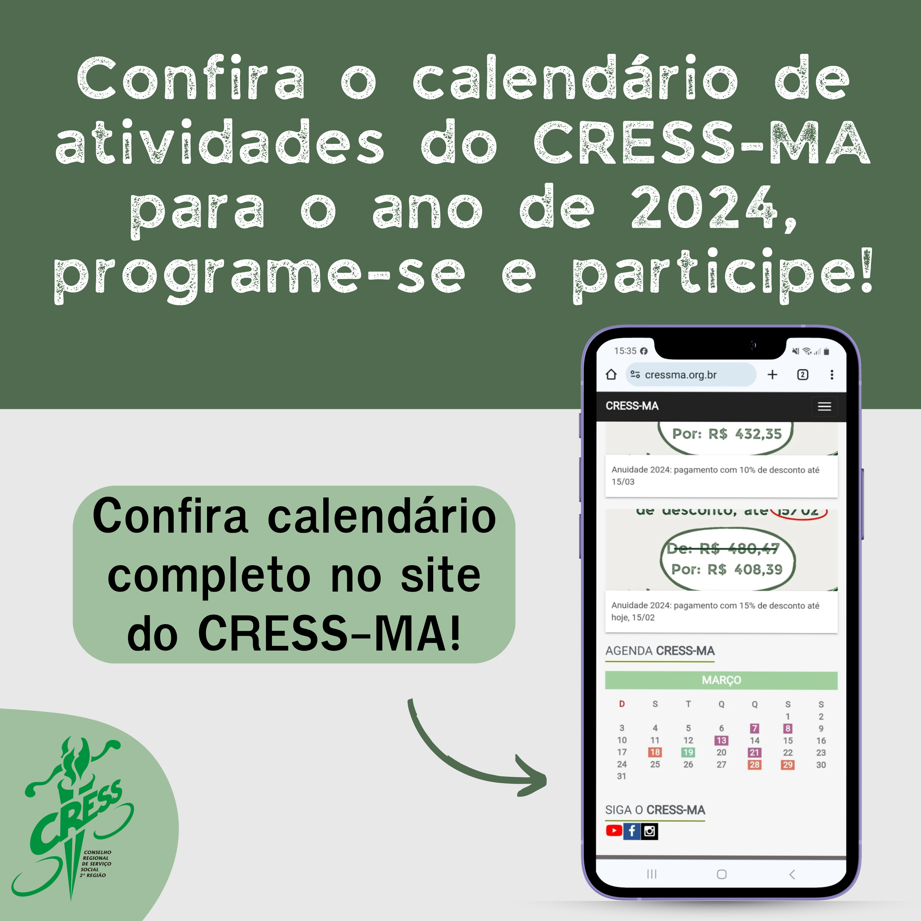 Calendário de atividades, pontos faculltativos e feriados do CRESS-MA