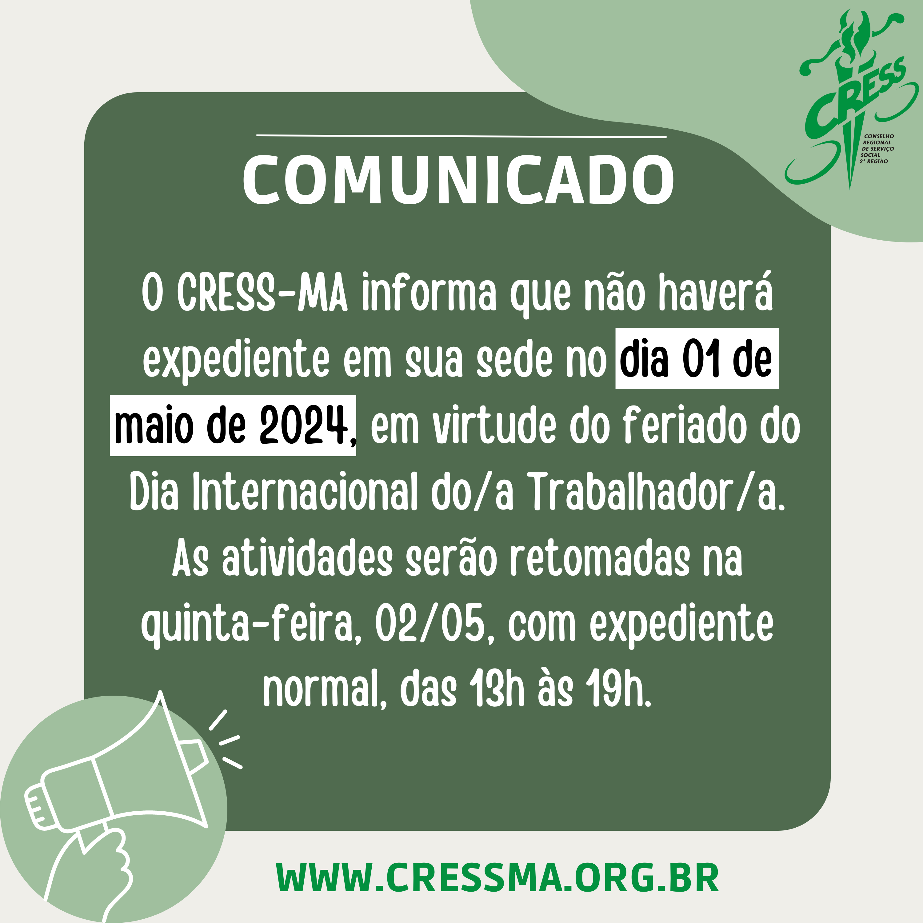 COMUNICADO 2024 - Feriado dia do Trabalho