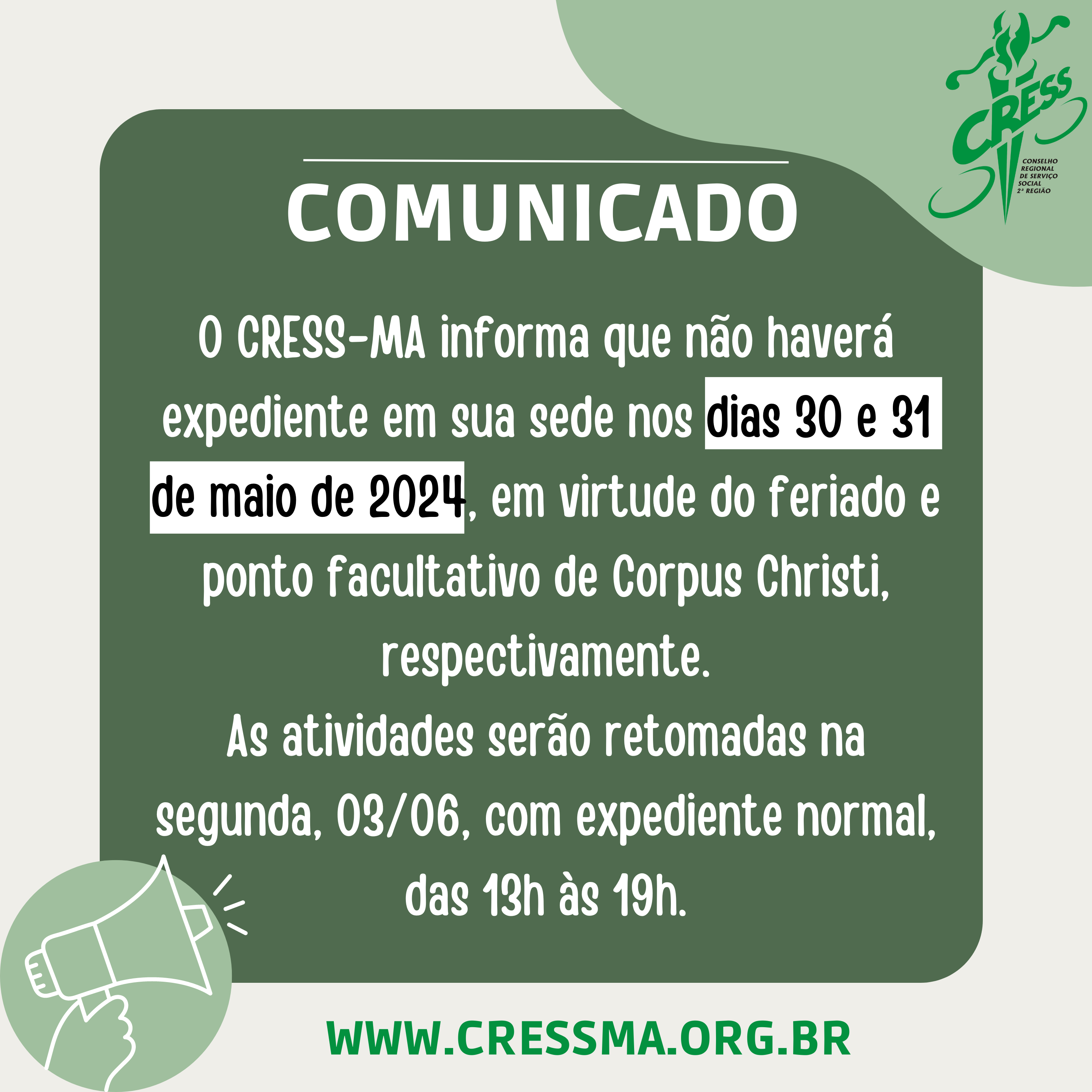 COMUNICADO - feriado Corpus Christi